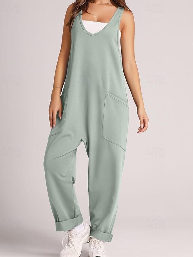 Streetwear Regular Fit Solid V Neck Sleeveless Dungarees Jumpsuit - Image 2