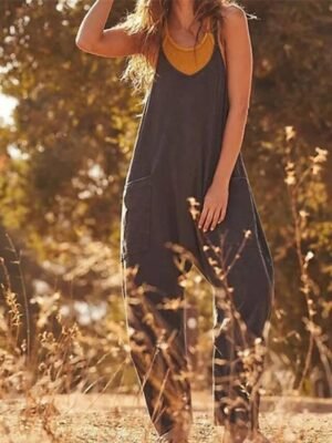 Streetwear Regular Fit Solid V Neck Sleeveless Overall - Image 2