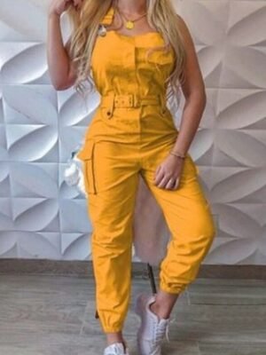 Streetwear Regular Fit Solid V Neck Sleeveless High Waist Jumpsuit - Image 2