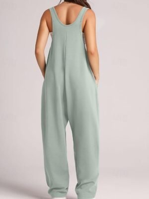 Streetwear Regular Fit Solid V Neck Sleeveless Dungarees Jumpsuit - Image 3