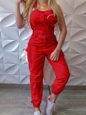 Streetwear Regular Fit Solid V Neck Sleeveless High Waist Jumpsuit - Image 3