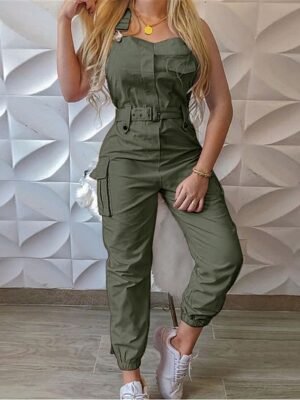 Streetwear Regular Fit Solid V Neck Sleeveless High Waist Jumpsuit - Image 5