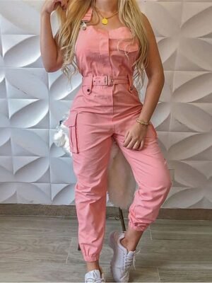 Streetwear Regular Fit Solid V Neck Sleeveless High Waist Jumpsuit - Image 7
