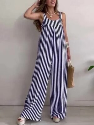 Streetwear Regular Fit Striped Crew Neck Sleeveless Summer Jumpsuit - Image 1