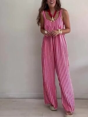 Streetwear Regular Fit Striped Crew Neck Sleeveless Summer Jumpsuit - Image 2