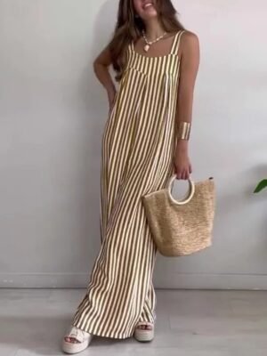 Streetwear Regular Fit Striped Crew Neck Sleeveless Summer Jumpsuit - Image 3