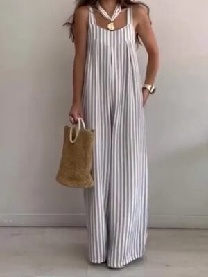 Streetwear Regular Fit Striped Crew Neck Sleeveless Summer Jumpsuit - Image 4