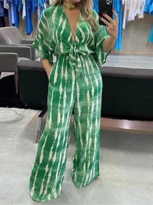 Streetwear Regular Fit Striped V Neck 3/4 Sleeve Jumpsuit - Image 1