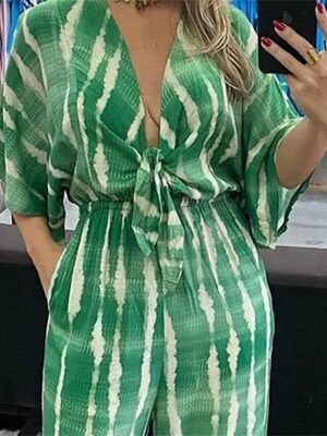 Streetwear Regular Fit Striped V Neck 3/4 Sleeve Jumpsuit - Image 2