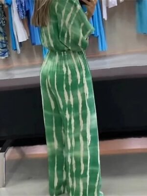 Streetwear Regular Fit Striped V Neck 3/4 Sleeve Jumpsuit - Image 3