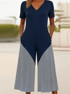 Streetwear Regular Fit Striped V Neck Short Sleeve Wide Leg Jumpsuit - Image 1
