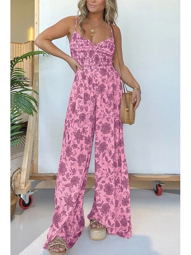 Streetwear Regular Floral Spaghetti Strap V Neck Jumpsuit - Image 1