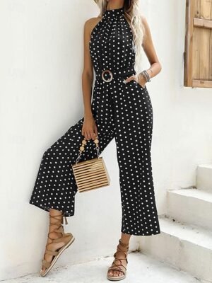 Streetwear Regular Polka Dot Halter Sleeveless High Waist Jumpsuit - Image 4