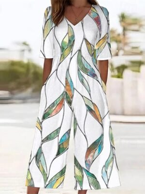 Streetwear Regular Print V Neck Short Sleeve Wide Leg Jumpsuit - Image 1