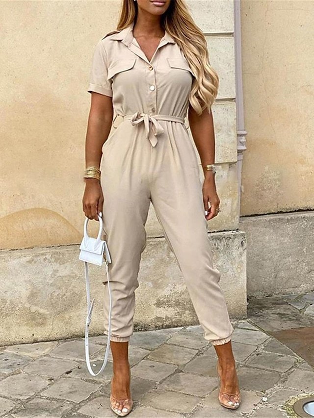 Streetwear Regular Solid Shirt Collar Short Sleeve Jumpsuit - Image 1