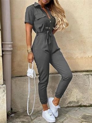 Streetwear Regular Solid Shirt Collar Short Sleeve Jumpsuit - Image 4