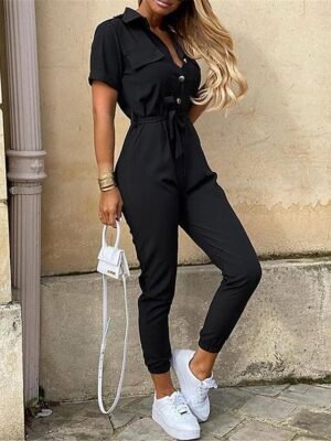 Streetwear Regular Solid Shirt Collar Short Sleeve Jumpsuit - Image 6
