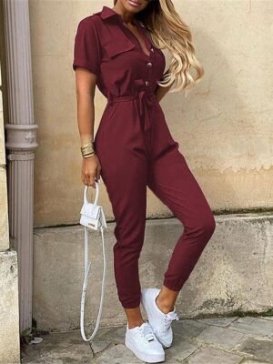 Streetwear Regular Solid Shirt Collar Short Sleeve Jumpsuit - Image 7