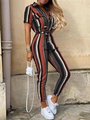 Streetwear Regular Solid Shirt Collar Short Sleeve Jumpsuit - Image 9
