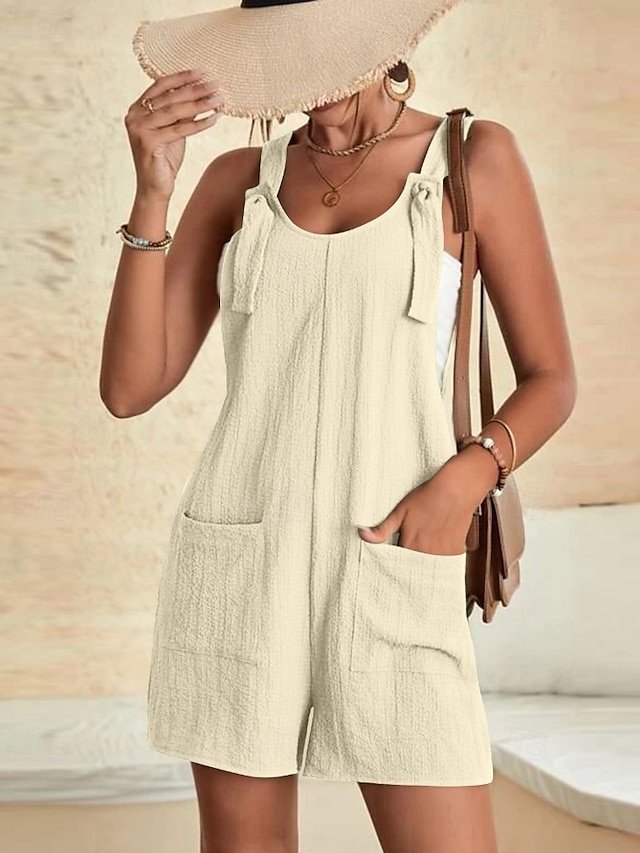 Streetwear Regular Solid U Neck Sleeveless Pocket Romper - Image 1