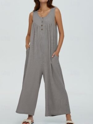 Streetwear Regular Solid U Neck Sleeveless Jumpsuit - Image 2
