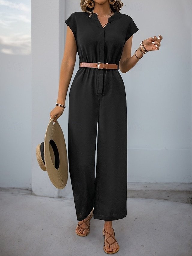 Streetwear Regular Solid V Neck Short Sleeve High Waist Jumpsuit - Image 1