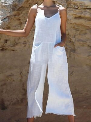 Streetwear Regular Solid V Neck Sleeveless Summer Overalls - Image 1