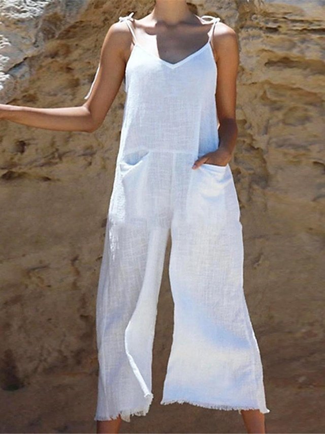 Streetwear Regular Solid V Neck Sleeveless Summer Overalls - Image 1
