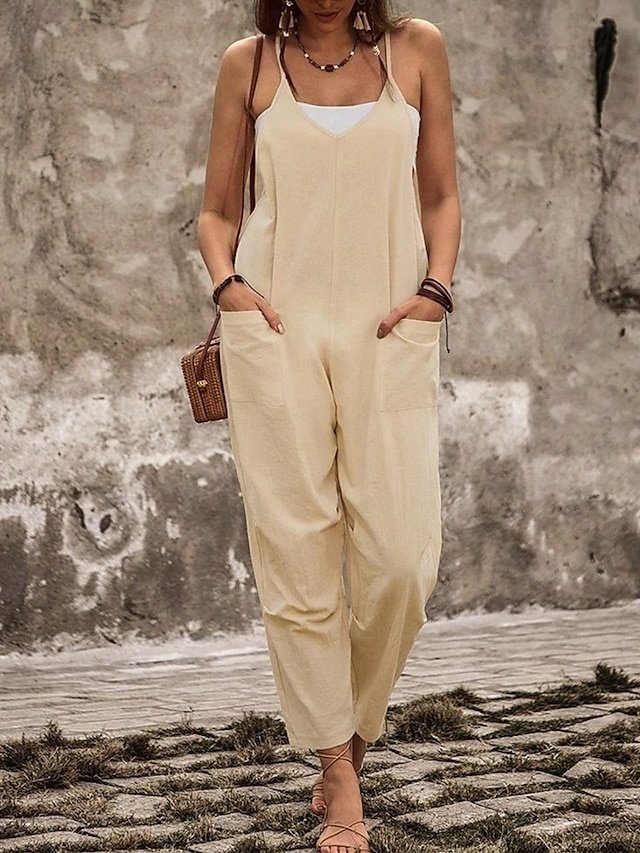 Streetwear Regular Solid V Neck Sleeveless Straight Jumpsuit - Image 1