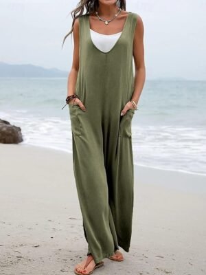 Streetwear Regular Solid V Neck Sleeveless Overall - Image 10