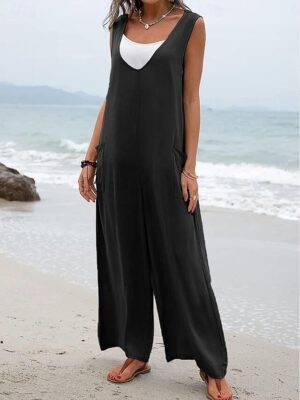 Streetwear Regular Solid V Neck Sleeveless Overall - Image 16
