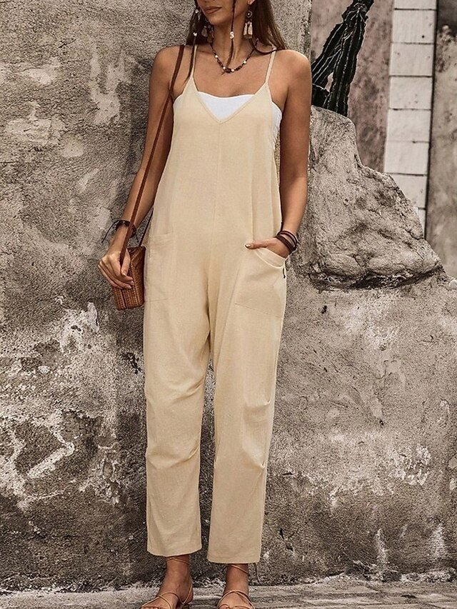 Streetwear Regular Solid V Neck Sleeveless Straight Jumpsuit - Image 2
