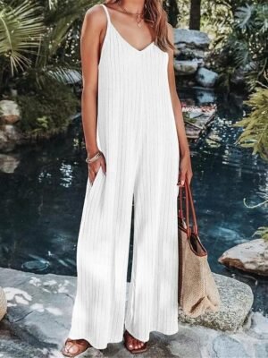 Streetwear Regular Solid V Neck Sleeveless Backless Jumpsuit - Image 24