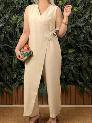 Streetwear Regular Solid V Neck Sleeveless Long Jumpsuit - Image 3