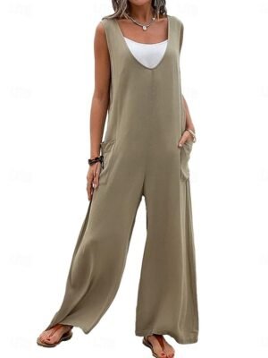 Streetwear Regular Solid V Neck Sleeveless Overall - Image 3