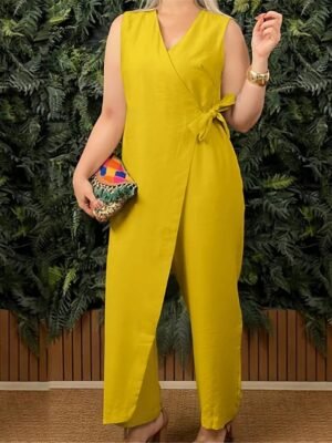 Streetwear Regular Solid V Neck Sleeveless Long Jumpsuit - Image 4