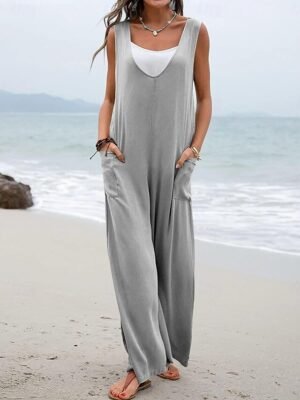 Streetwear Regular Solid V Neck Sleeveless Overall - Image 5