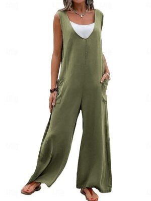 Streetwear Regular Solid V Neck Sleeveless Overall - Image 8