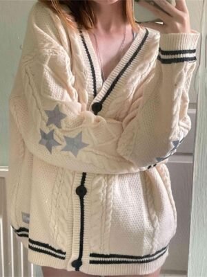 Streetwear Regular Star V Neck Long Sleeve Knitted Cardigan - Image 1