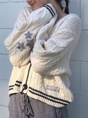 Streetwear Regular Star V Neck Long Sleeve Knitted Cardigan - Image 2