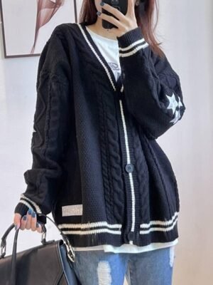 Streetwear Regular Star V Neck Long Sleeve Knitted Cardigan - Image 6