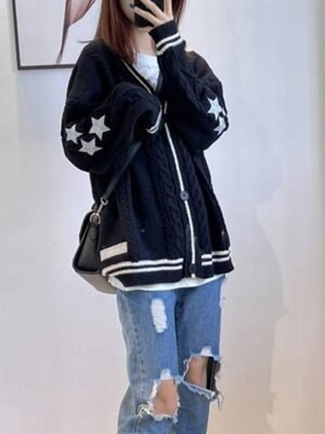 Streetwear Regular Star V Neck Long Sleeve Knitted Cardigan - Image 7