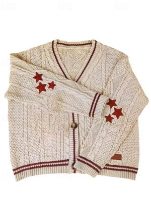 Streetwear Regular Star V Neck Long Sleeve Knitted Cardigan - Image 8