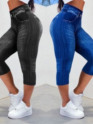 Streetwear Slim Fit 3D Print High Waist Calf-Length Leggings - Image 1