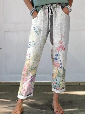 Streetwear Straight Floral High Waist Long Trousers - Image 3