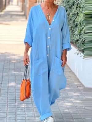 Streetwear Straight Solid V Neck Long Sleeve Jumpsuit - Image 1