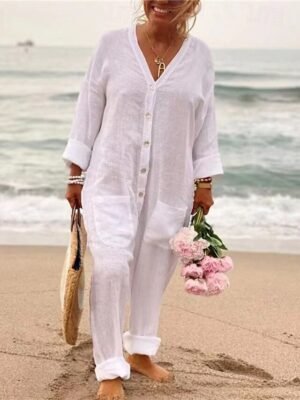 Streetwear Straight Solid V Neck Long Sleeve Jumpsuit - Image 2