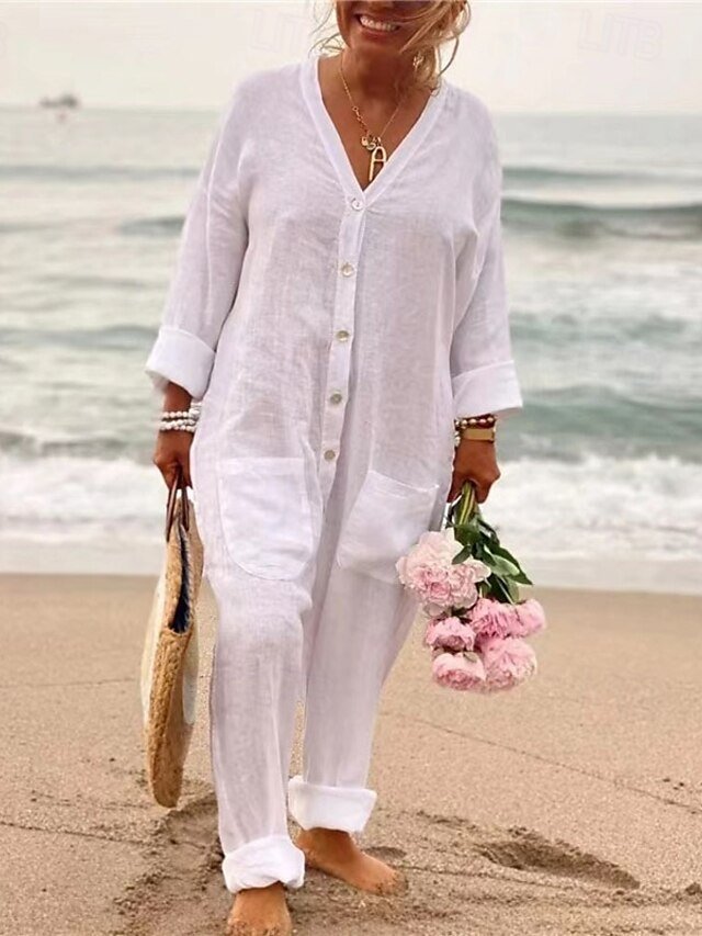 Streetwear Straight Solid V Neck Long Sleeve Jumpsuit - Image 2