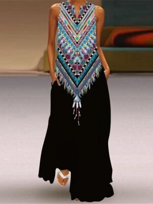 Stylish A Line Floral V Neck Sleeveless Maxi Dress - Image 3