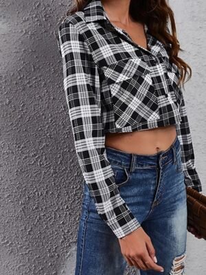 Stylish Basic Plaid Shirt Collar Long Sleeve Regular Tops - Image 3